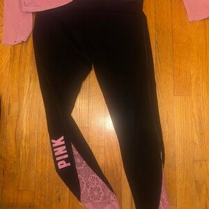 PINK Victoria's Secret Leggings Black with Pink Floral Accents